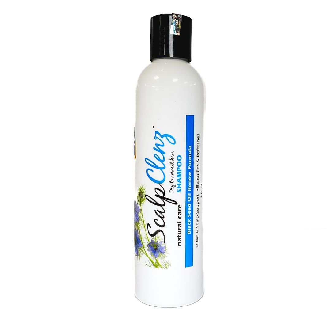 White bottle of Scalp Clarify shampoo with black cap on a white background