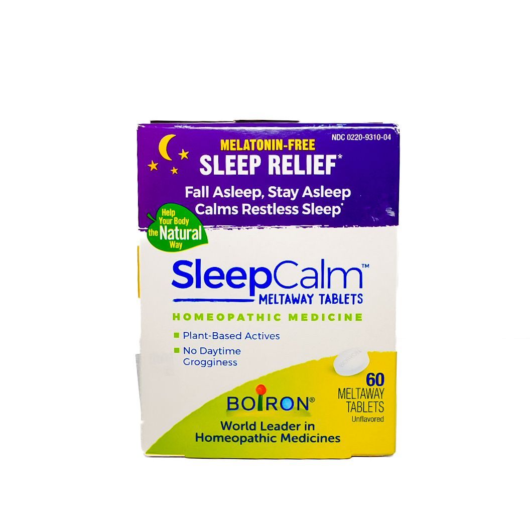 Purple and white SleepCalm homeopathic tablets box for sleep relief, 60 tablets