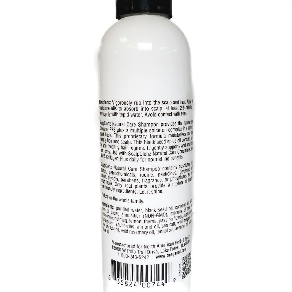 White bottle of Scalp Clarify shampoo with black cap on a white background