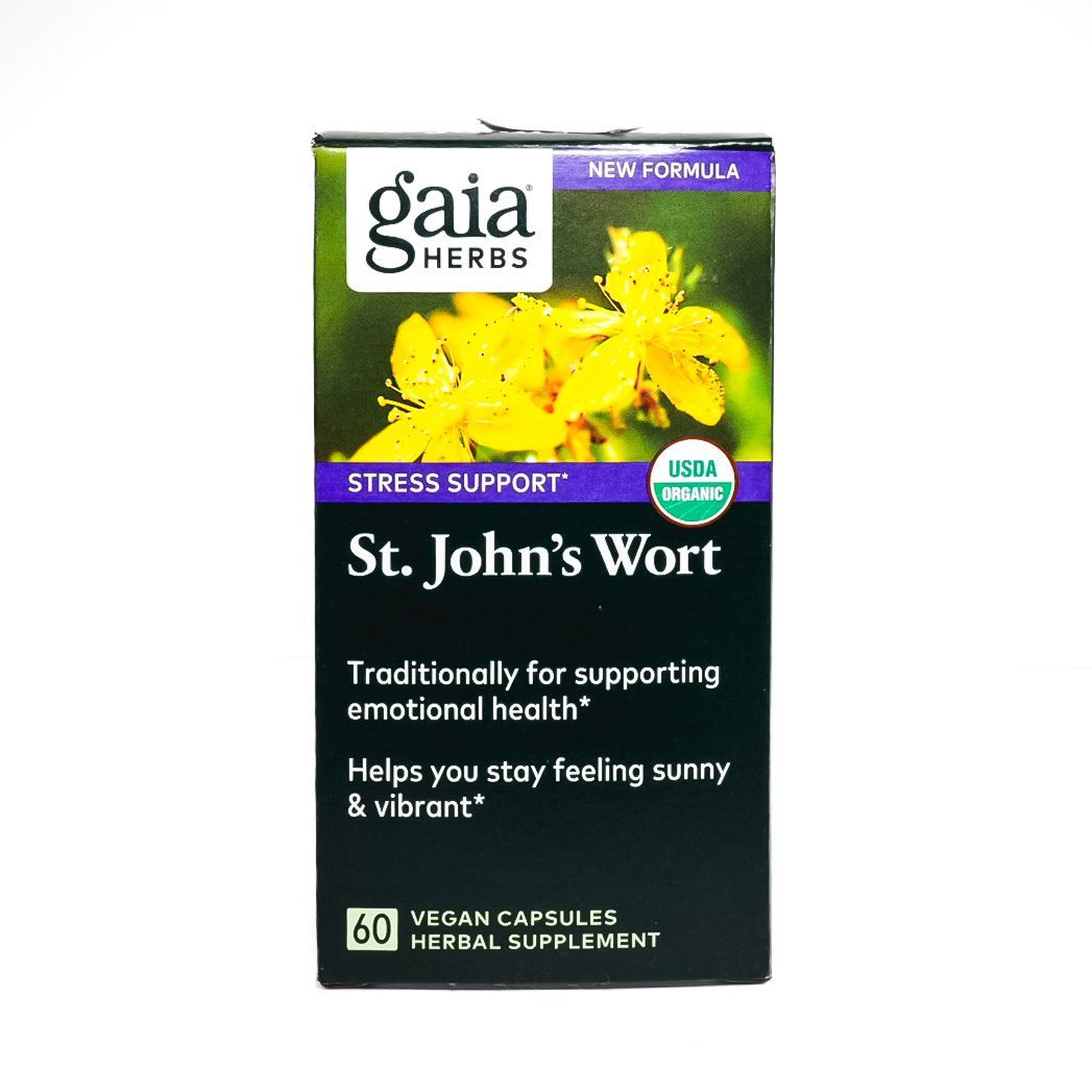 Gaia Herbs St. John’s Wort supplement box with yellow flowers on green background