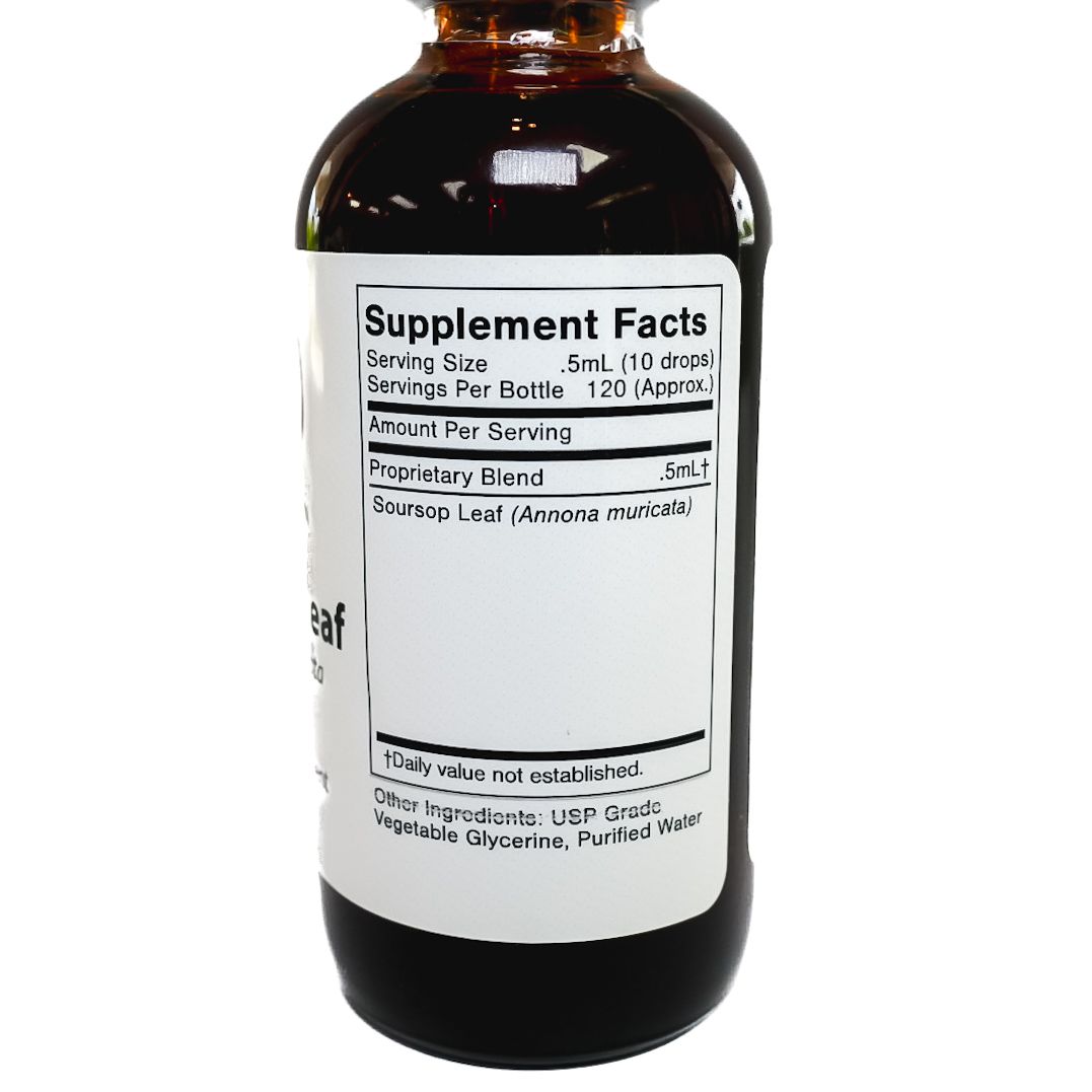 Brown dropper bottle labeled “Soursop Leaf” on a white background