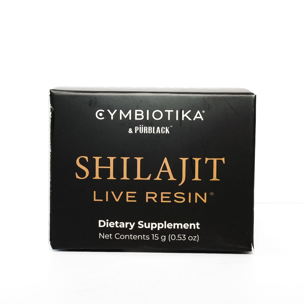 Black product box labeled “Shilajit Live Resin” by Cymbiotika, dietary supplement