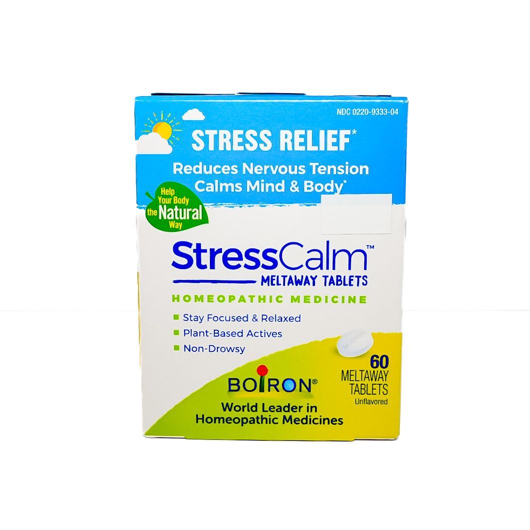 Box of Boiron StressCalm homeopathic tablets, blue and white packaging with yellow accents.