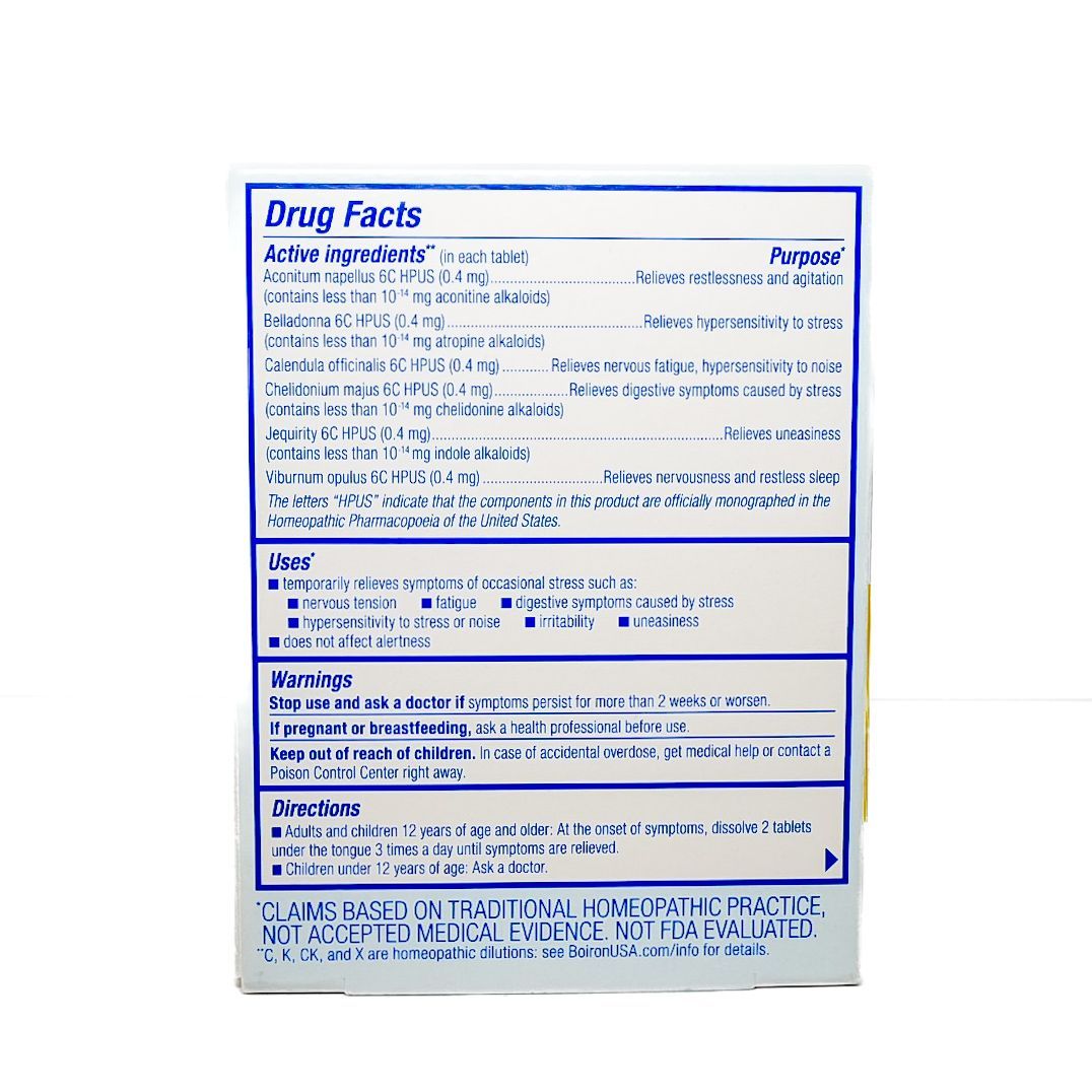 Box of Boiron StressCalm homeopathic tablets, blue and white packaging with yellow accents.