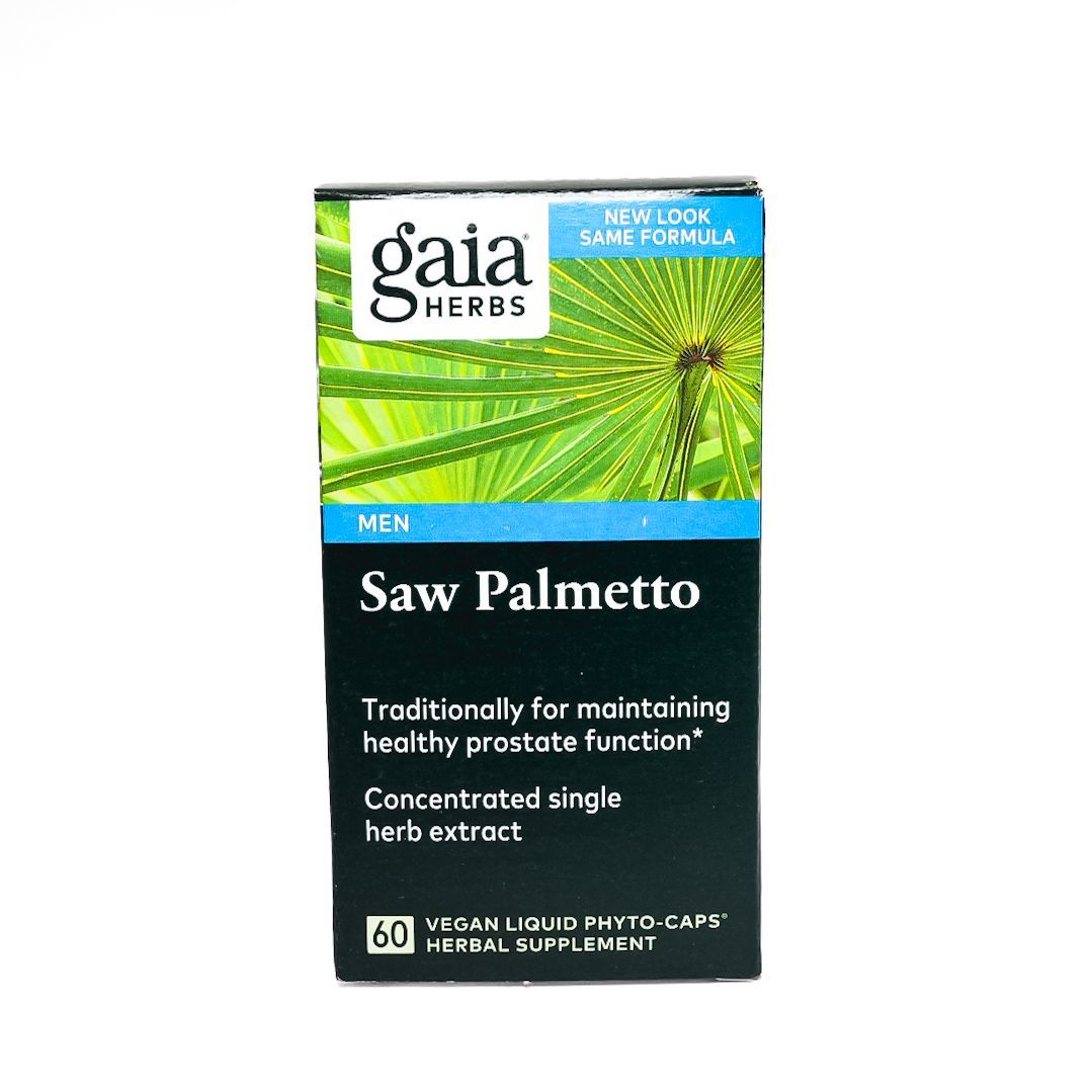 Gaia Herbs Saw Palmetto supplement box with green leaf design and black lower panel