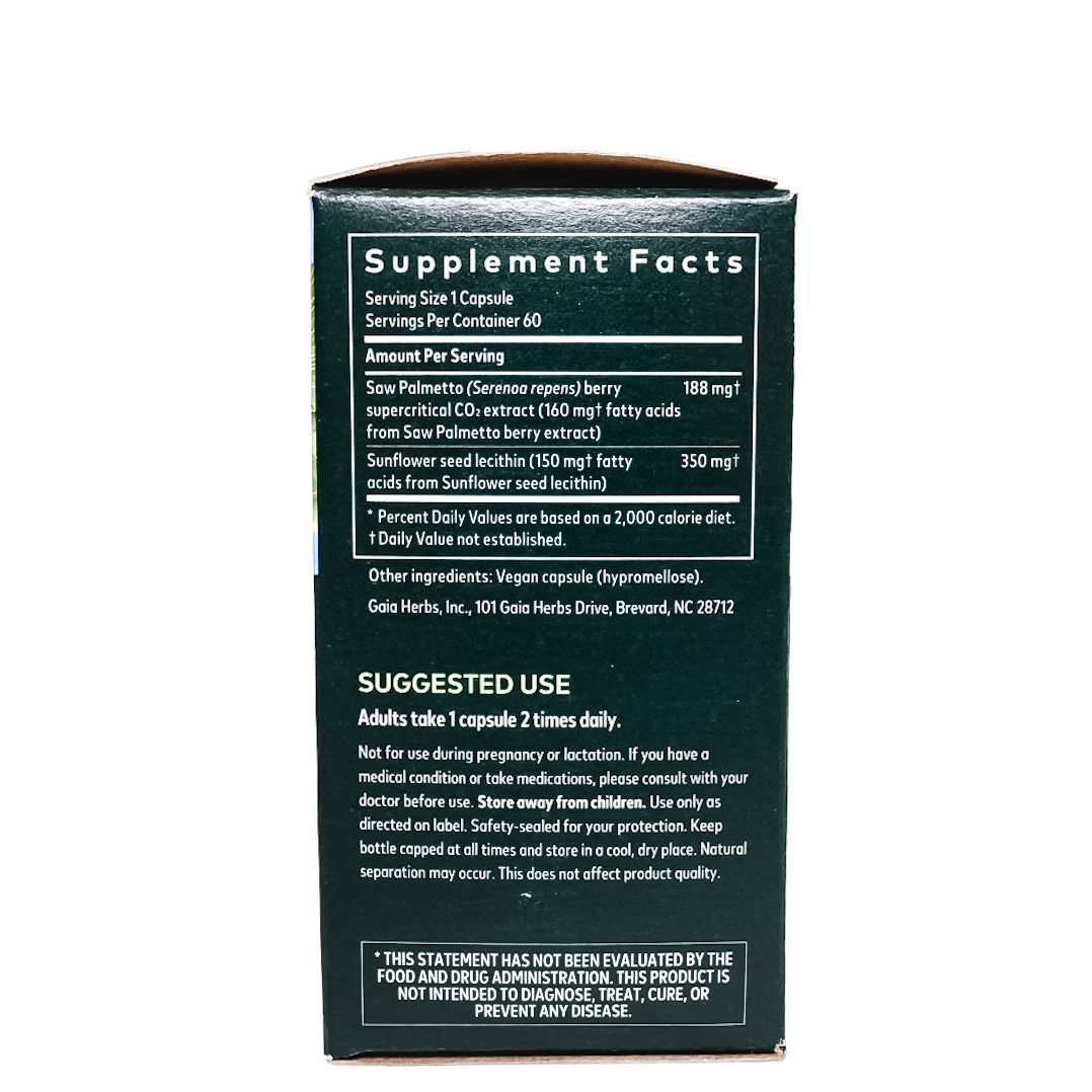 Gaia Herbs Saw Palmetto supplement box with green leaf design and black lower panel