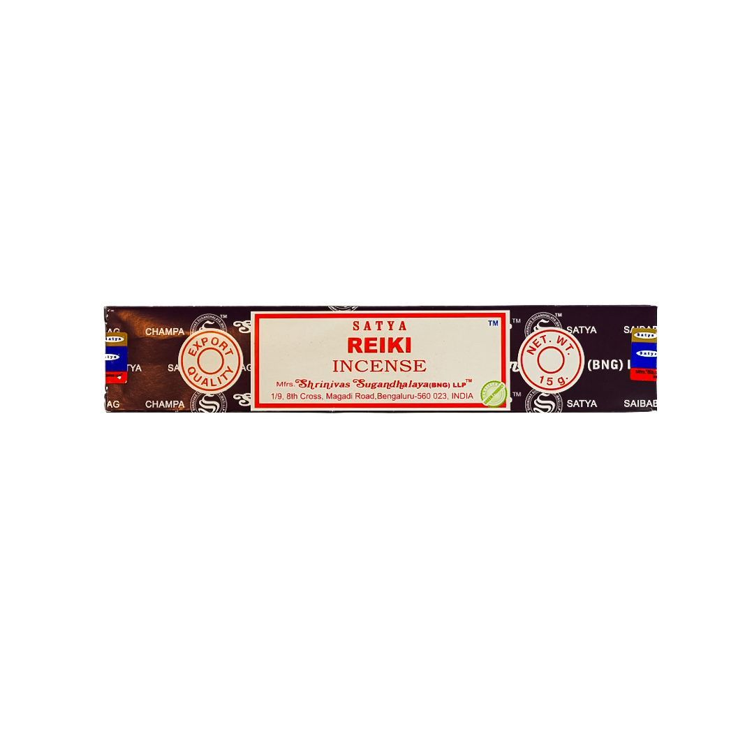 Packaging for Reiki Incense, with red and beige label on a dark decorative box