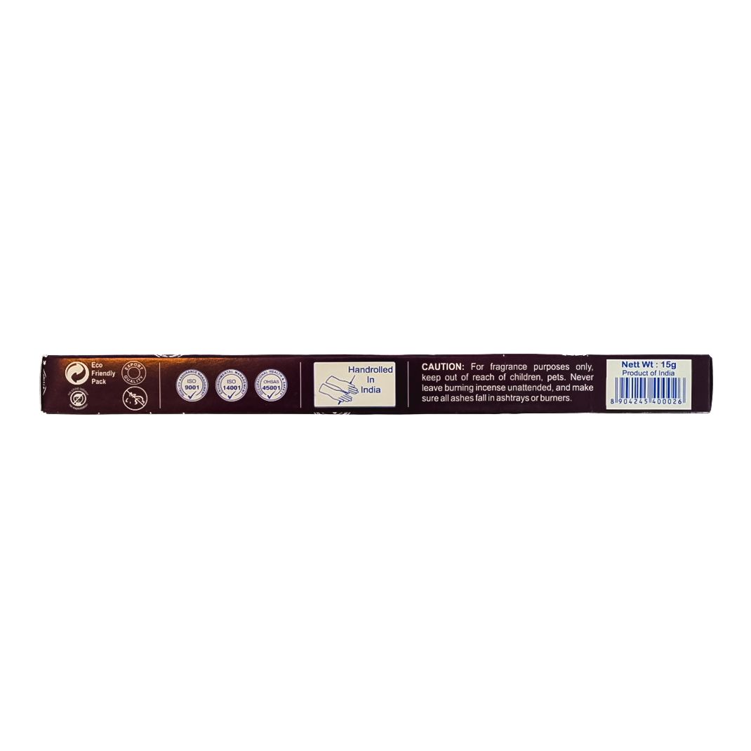 Packaging for Reiki Incense, with red and beige label on a dark decorative box