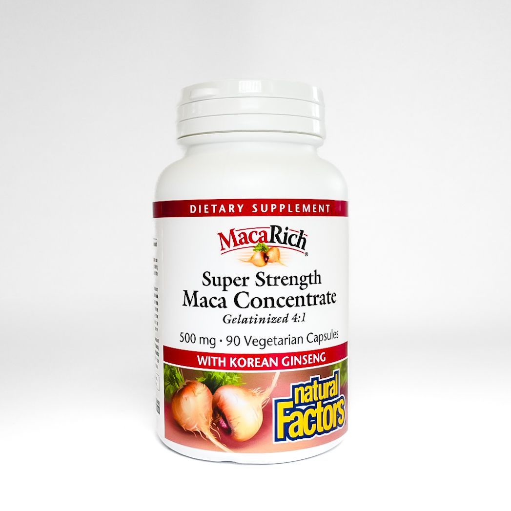 White supplement bottle labeled “Super Strength Maca Concentrate” with red and yellow accents