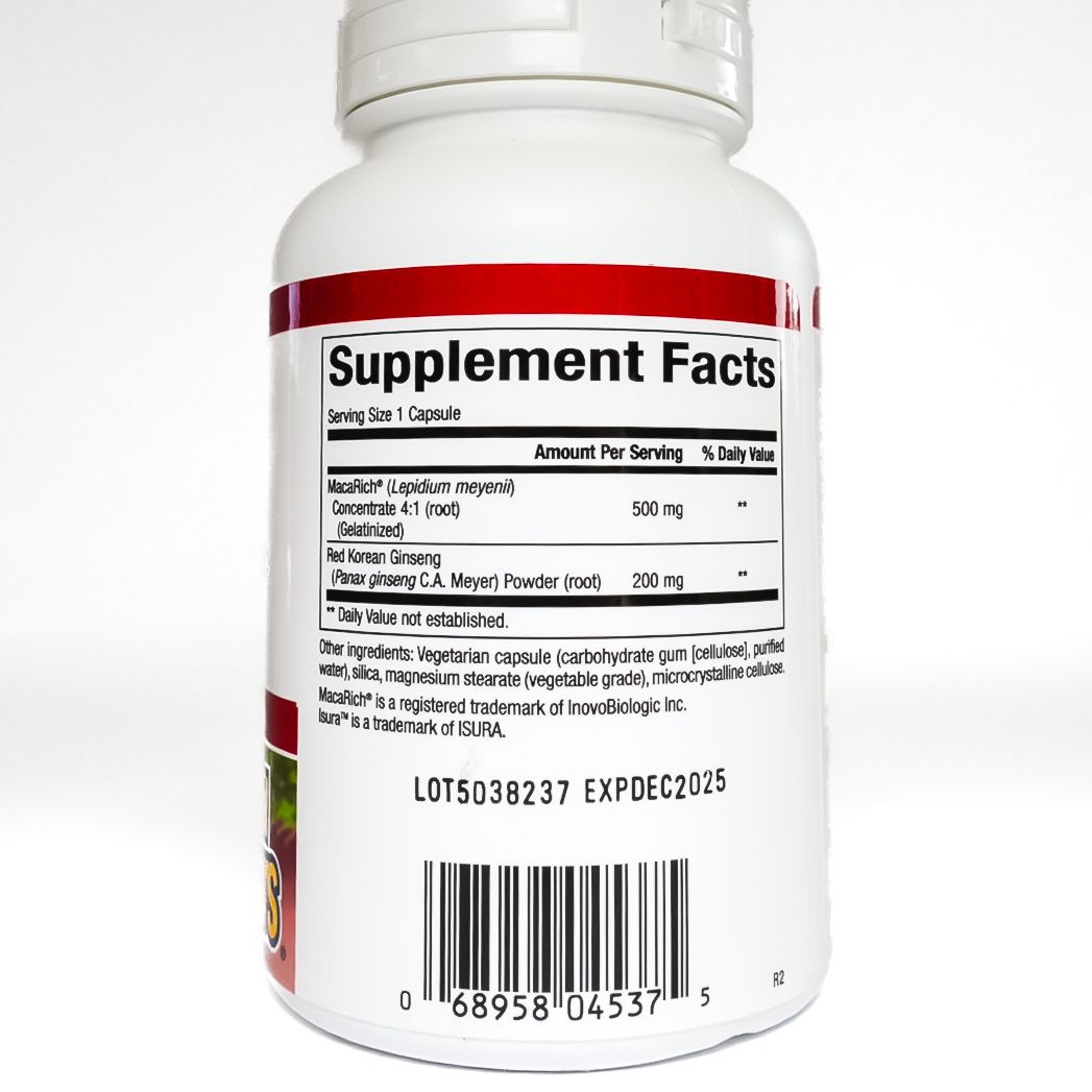 White supplement bottle labeled “Super Strength Maca Concentrate” with red and yellow accents