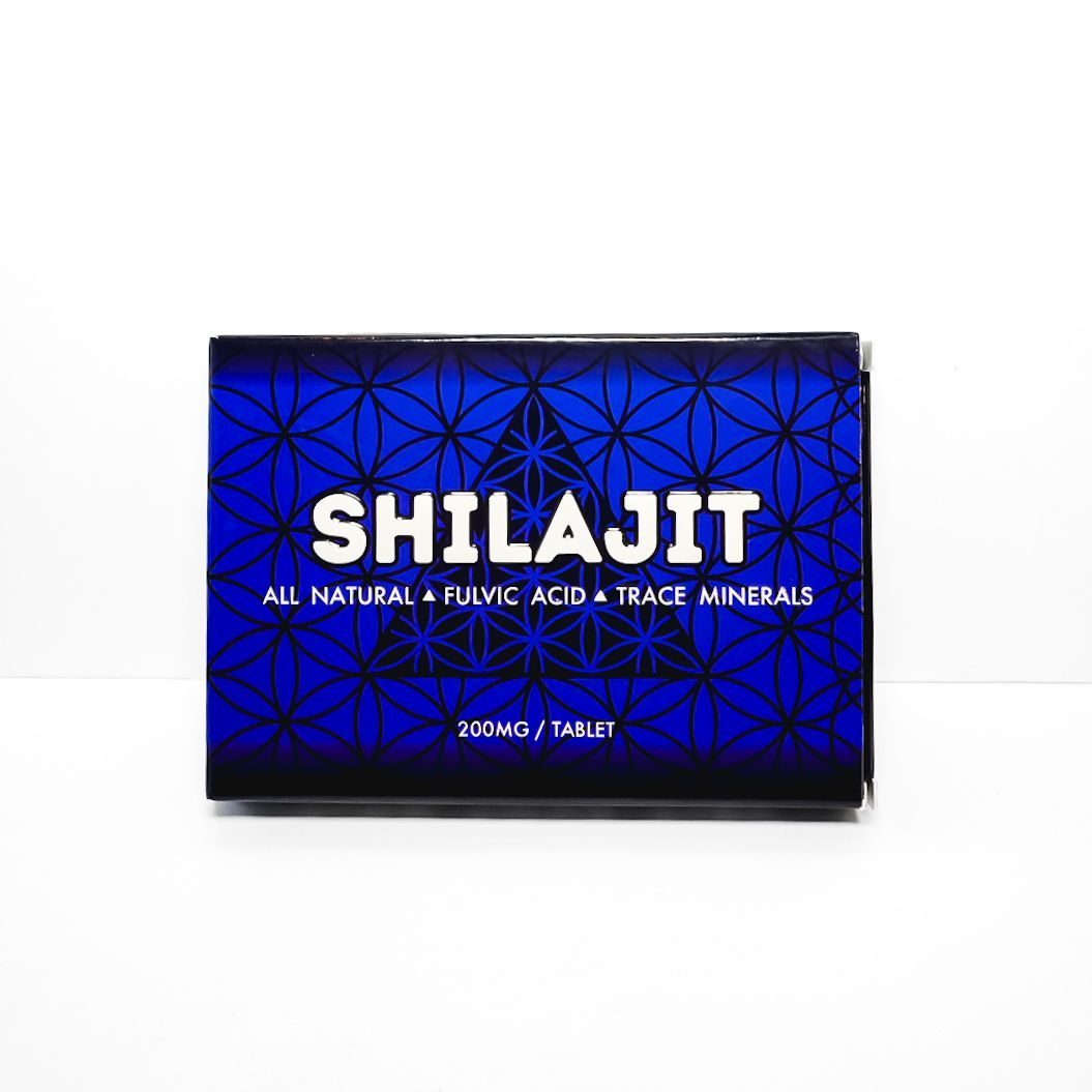 Blue SHILAJIT product box with black geometric pattern and white text on a white background