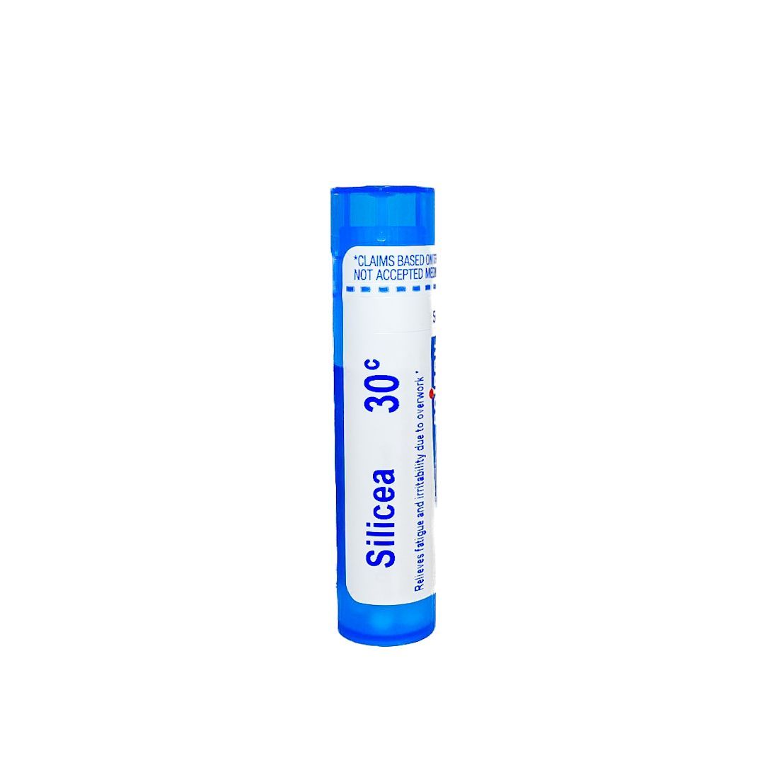 Blue silica gel desiccant canister with white label on a white background