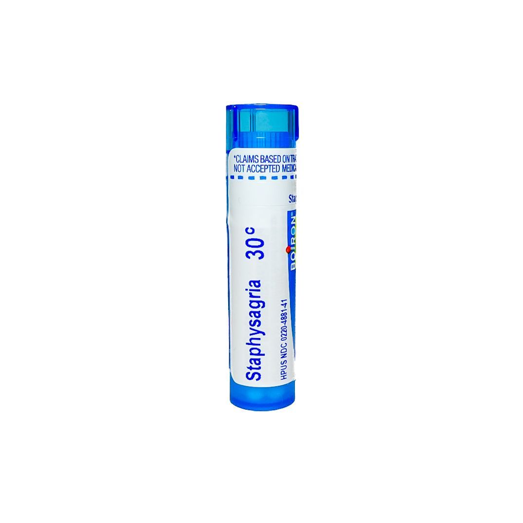 Blue bottle labeled “Staphysagria 30C” with a blue cap on a white background