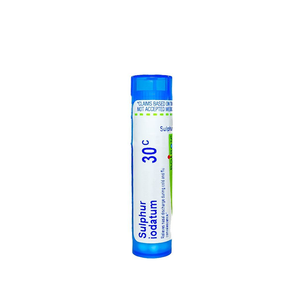Blue tube labeled “Sulphur Iodatum 30C” on a white background