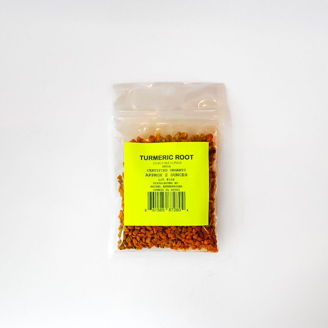 Small clear plastic bag of orange dried root with a bright yellow label and barcode on a white background