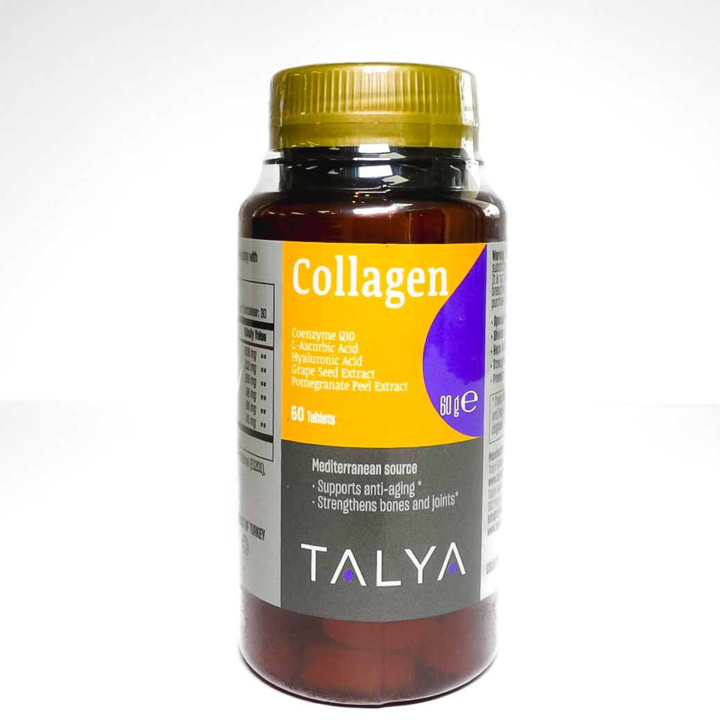 Brown bottle of TALYA collagen supplement with yellow cap and orange label on a white background