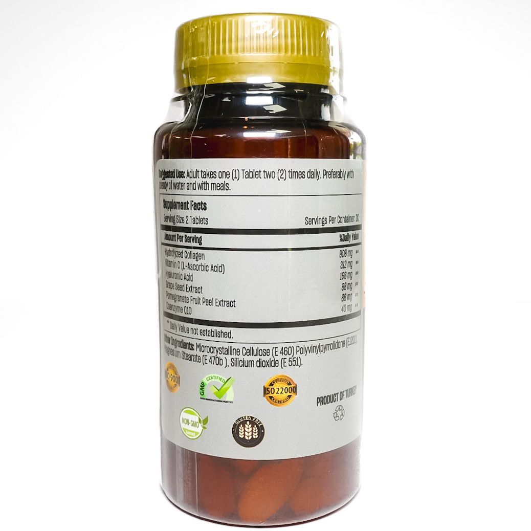 Brown bottle of TALYA collagen supplement with yellow cap and orange label on a white background