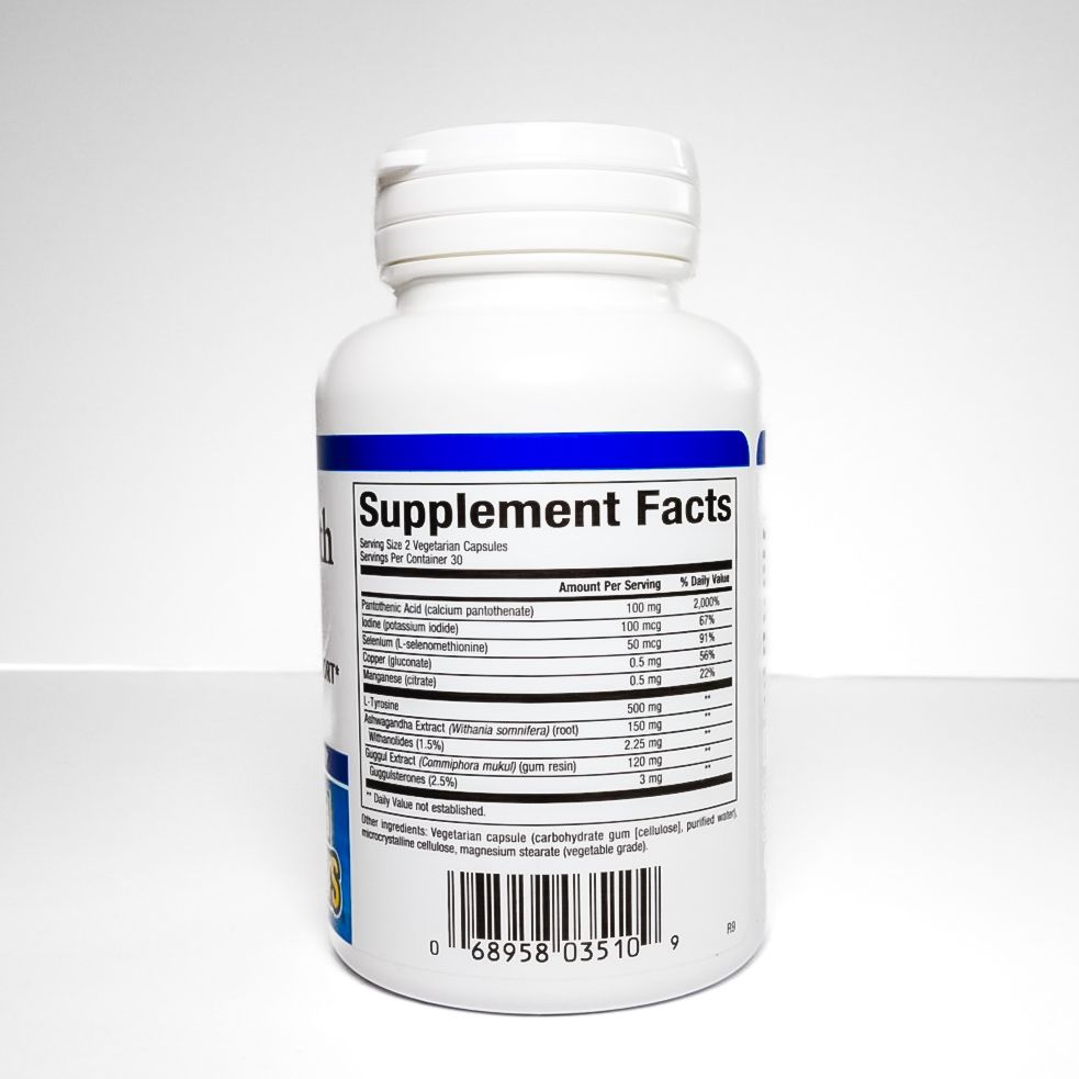 Thyroid Health Formula dietary supplement bottle with blue and white label and Nature's Way logo
