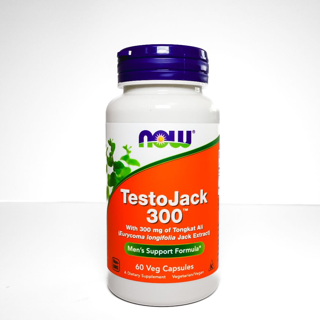 NOW TestoJack 300 supplement bottle with purple cap and orange label