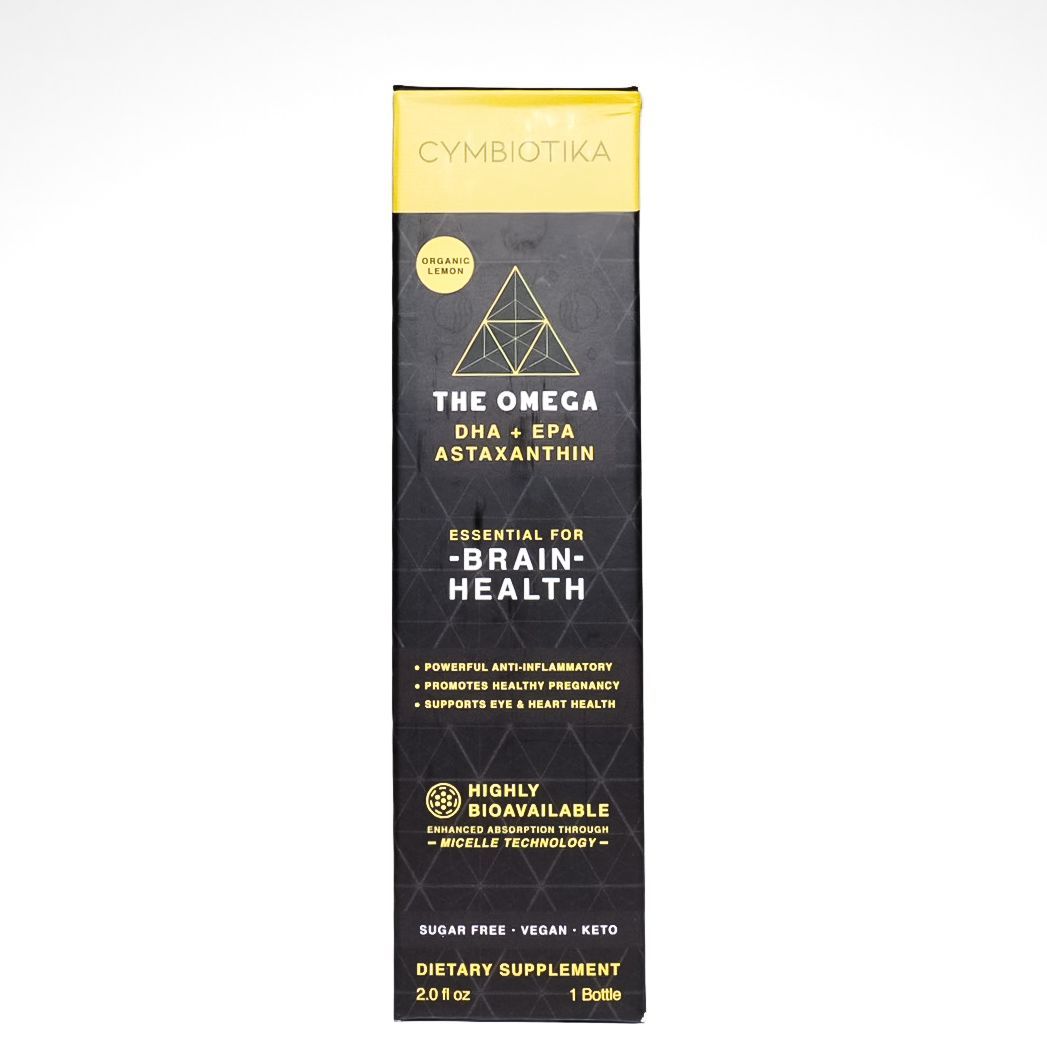 Black and gold Omega-3 dietary supplement box labeled “Brain Health” on a white background