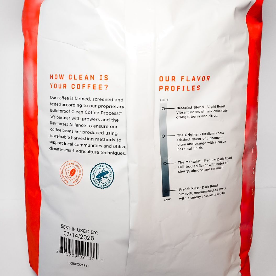 White and red Bulletproof coffee bag with “The Original” label on a plain background