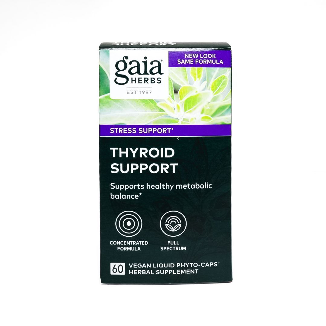 Gaia Herbs Thyroid Support supplement box, black and green with white text and purple label