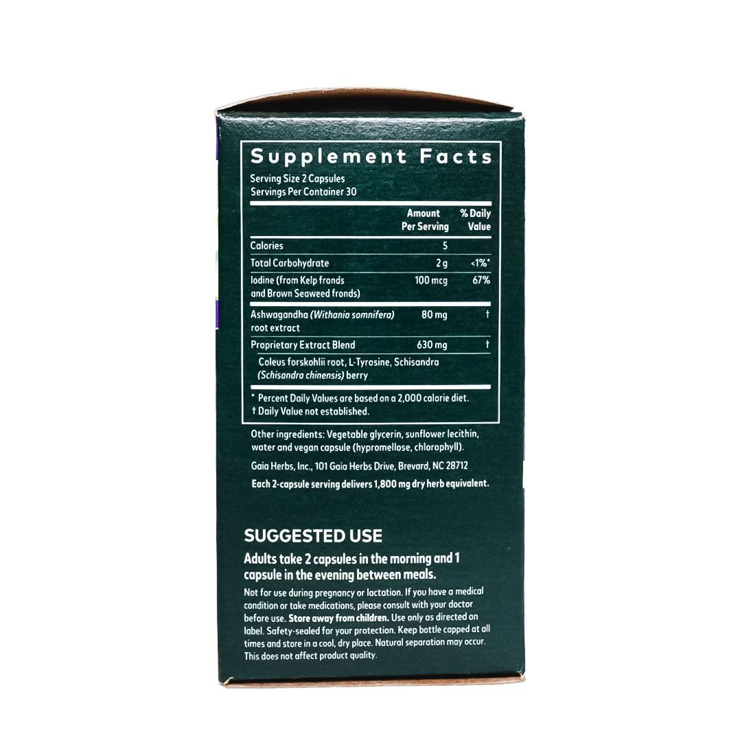 Gaia Herbs Thyroid Support supplement box, black and green with white text and purple label