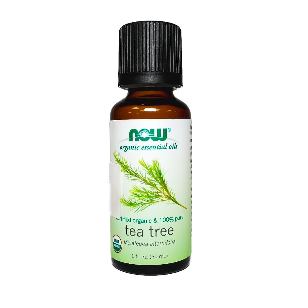 Small amber bottle of NOW tea tree essential oil with a black cap and green leaf label.