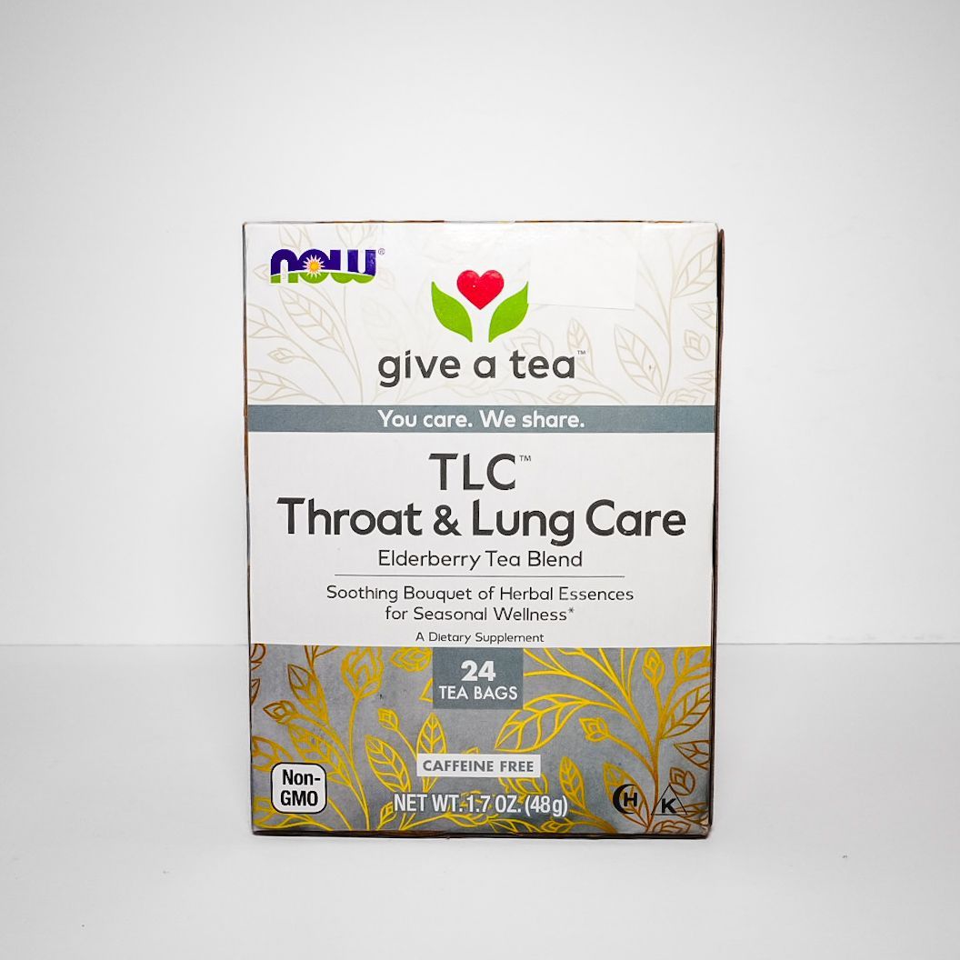Box of NOW Foods TLC Throat & Lung Care tea with white, gray, and gold packaging on a plain background