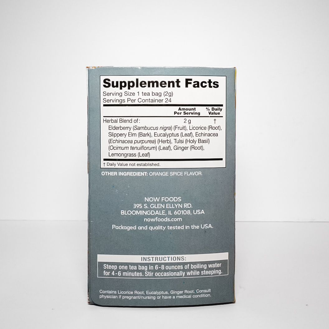 Box of NOW Foods TLC Throat & Lung Care tea with white, gray, and gold packaging on a plain background