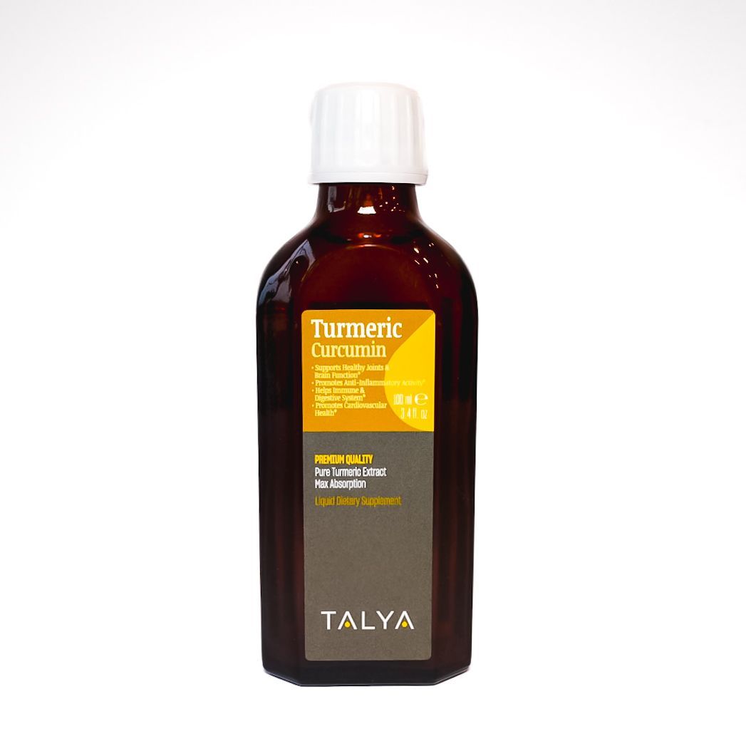 Brown bottle of Talya Turmeric Curcumin supplement with white cap on white background