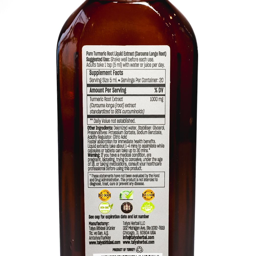 Brown bottle of Talya Turmeric Curcumin supplement with white cap on white background