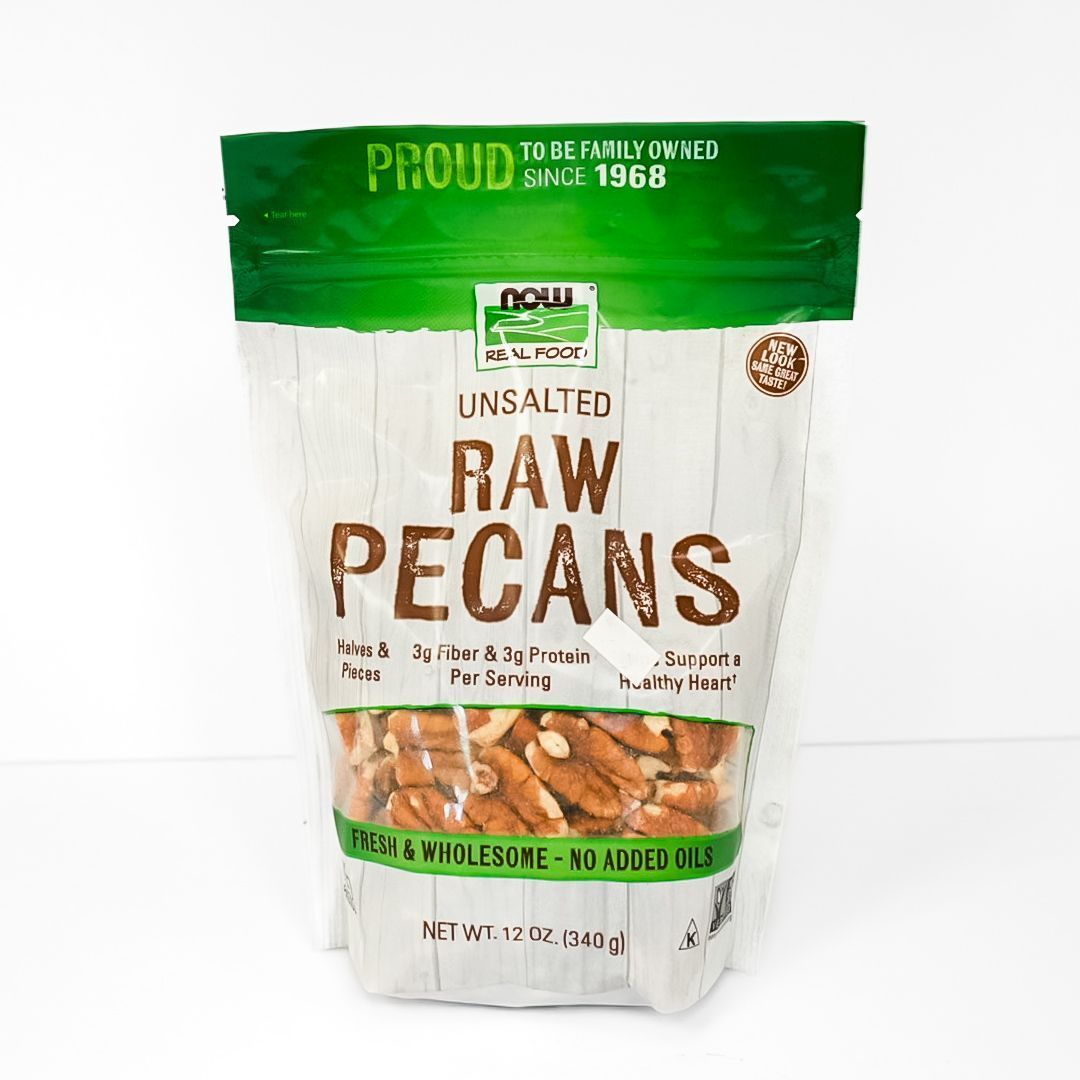 Bag of unsalted raw pecans with green and white packaging