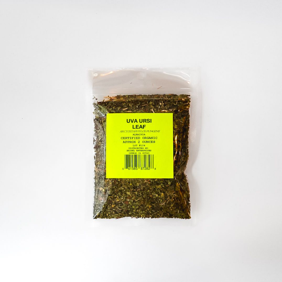 Clear plastic pouch of dried herbs with a bright yellow label on a white background