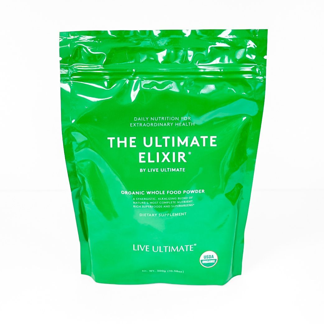 Bright green resealable pouch labeled “The Ultimate Elixir” by Live Ultimate.