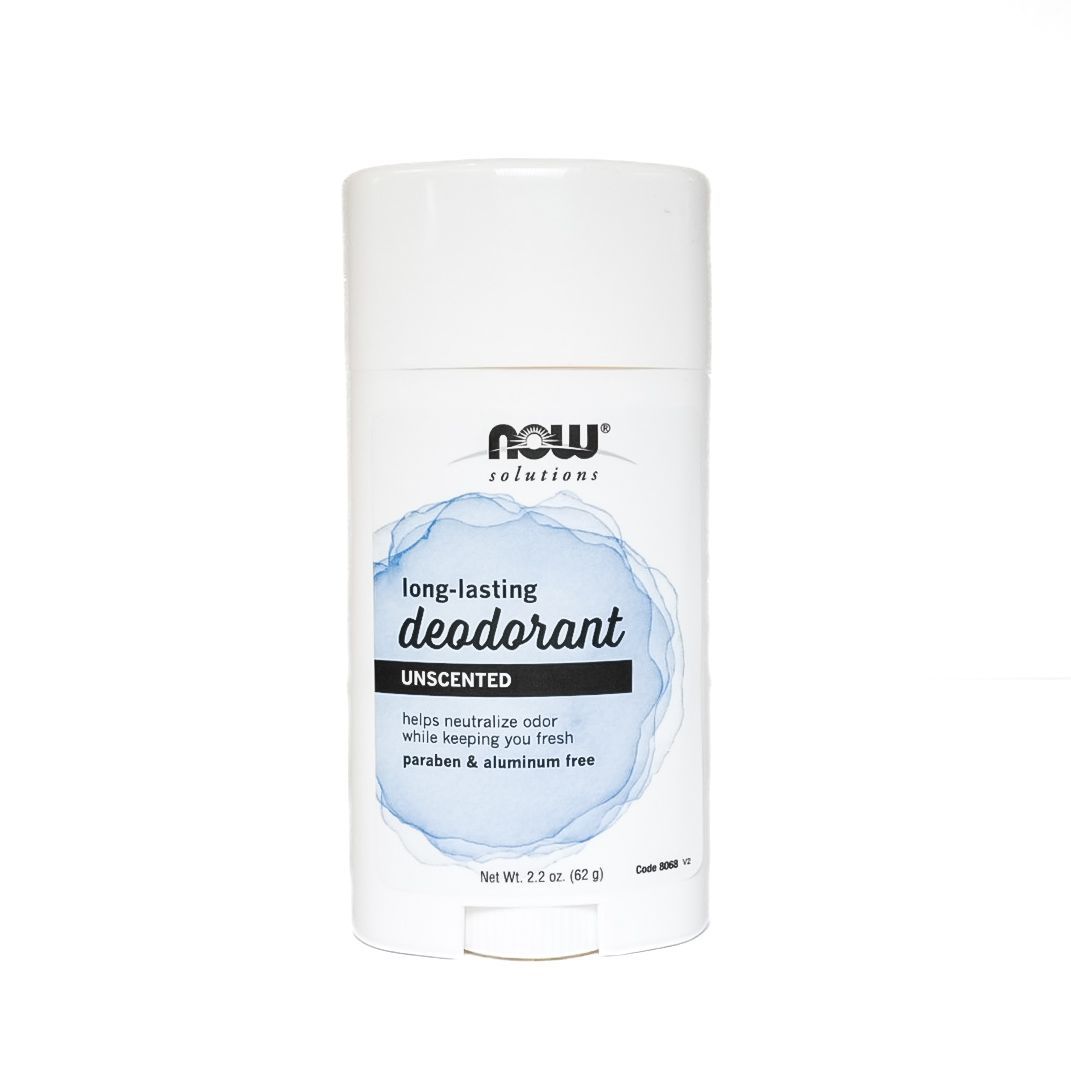 White unscented deodorant stick with blue label on a plain background
