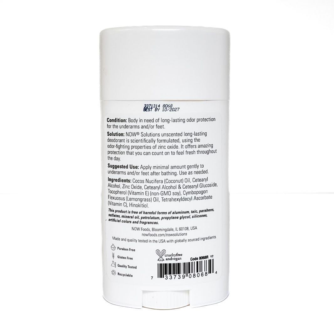 White unscented deodorant stick with blue label on a plain background