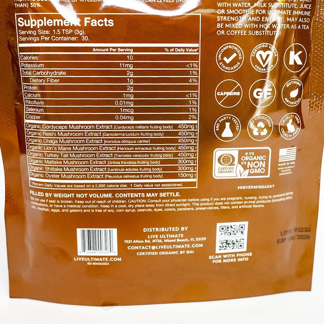 Brown bag of Ultimate Shrooms organic mushroom powder on a white background