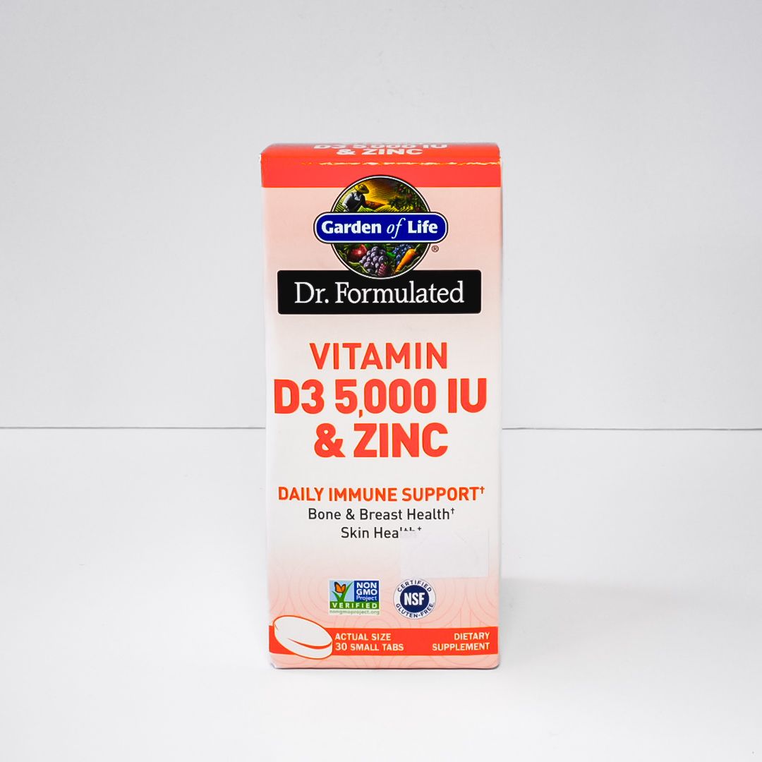 Garden of Life Dr. Formulated Vitamin D3 5000 IU & Zinc supplement box, white and orange packaging
