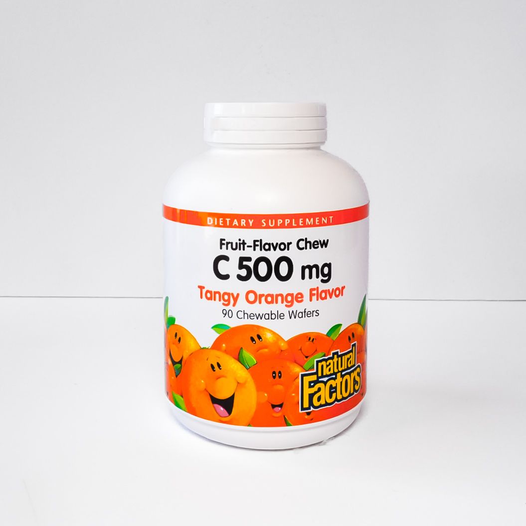Orange-flavored fruit chew supplement bottle with “C 500 mg” label on white background