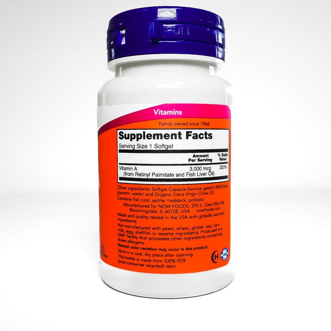 Now Vitamin A 10,000 softgels bottle with blue cap and orange label on white background
