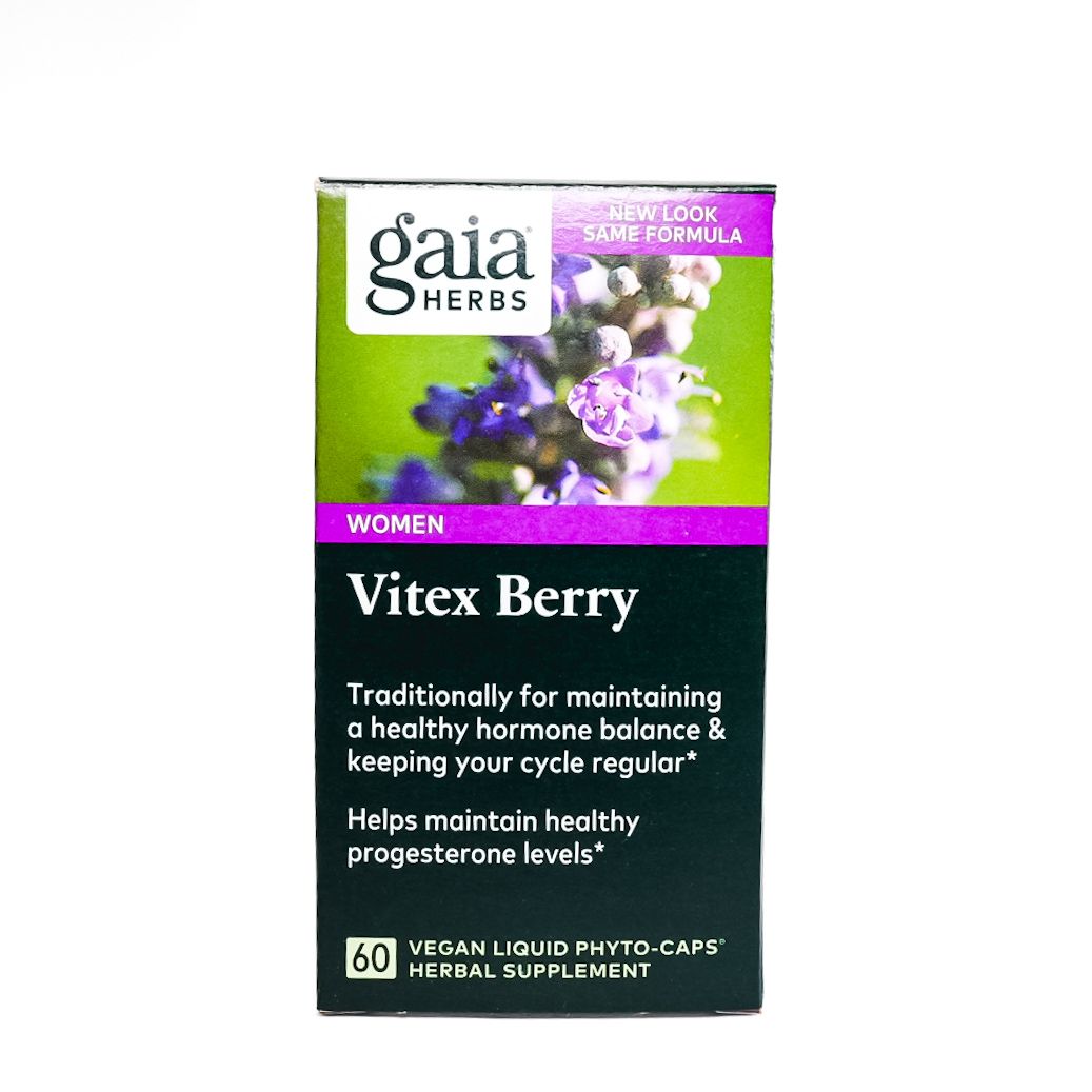 Gaia Herbs Vitex Berry women’s supplement box with green, purple, and black packaging