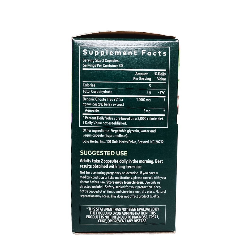 Gaia Herbs Vitex Berry women’s supplement box with green, purple, and black packaging