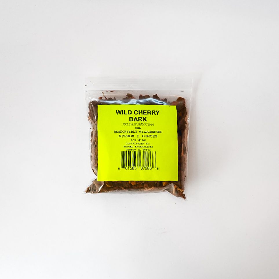 Packaged wild cherry bark in a clear plastic bag with a bright yellow label on a white background