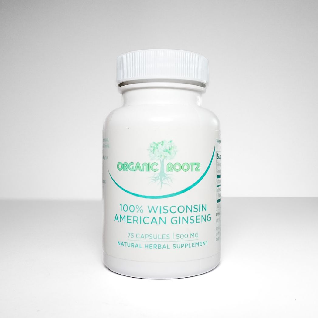 White supplement bottle labeled “Organic Rootz” and “100% Wisconsin American Ginseng” on a white background
