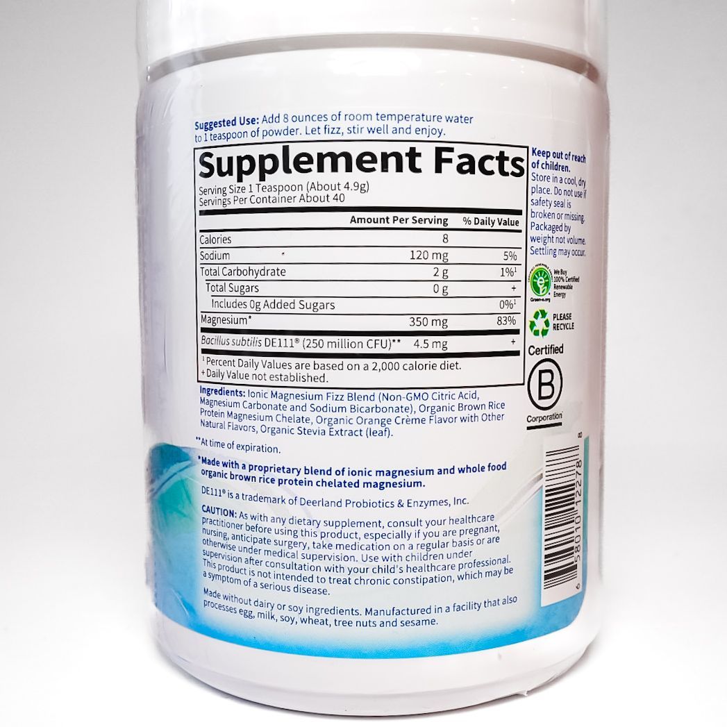 Dr. Formulated magnesium supplement container with orange flavor label on a white background