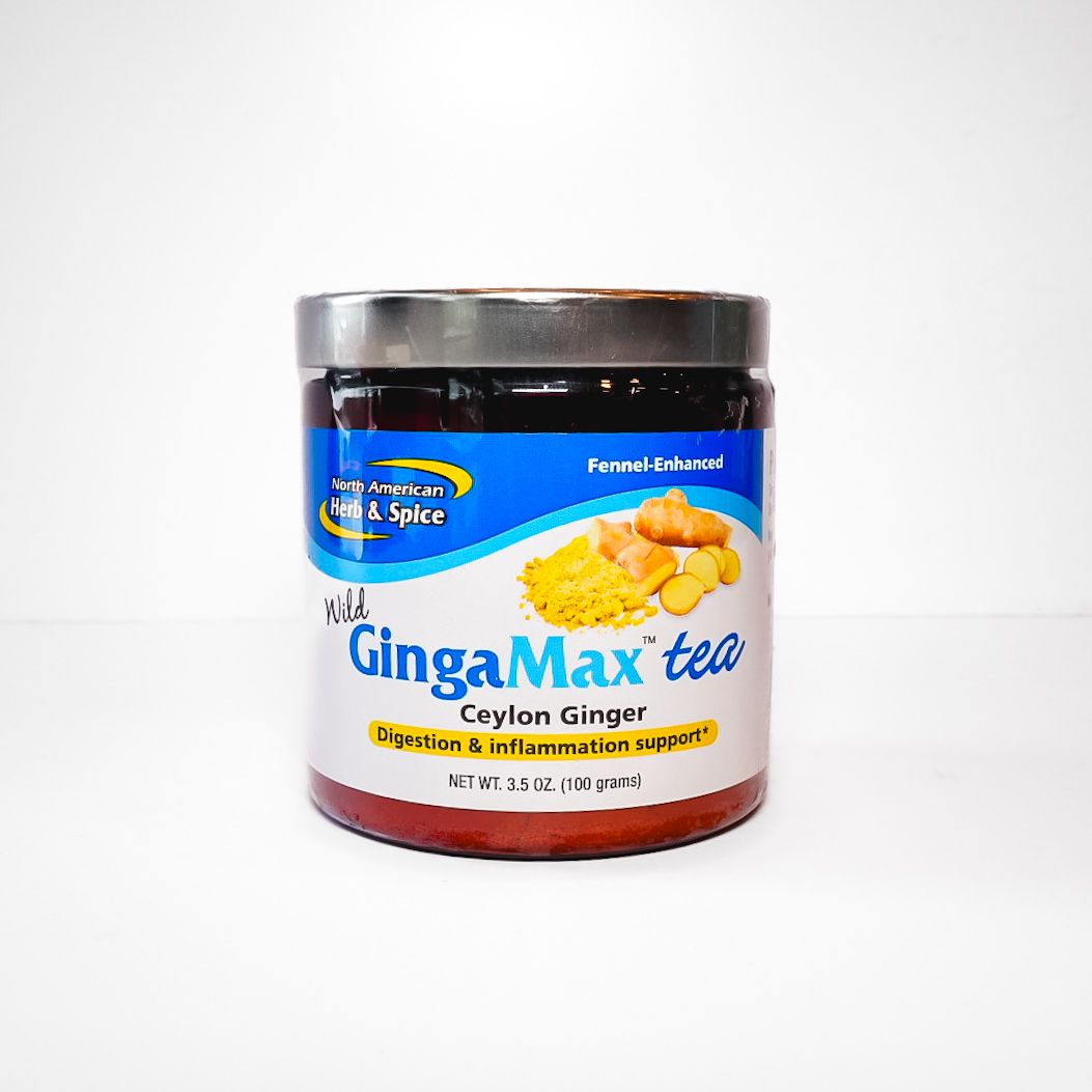 Jar of GingaMax tea with blue and white label and orange ginger graphics on a white background