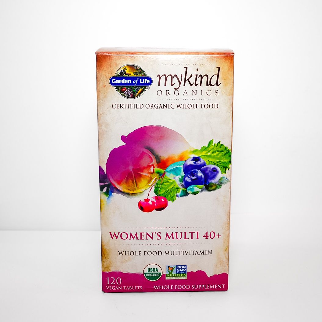Mykind Organics Women’s Multi 40+ supplement box with colorful flowers and fruit on white background