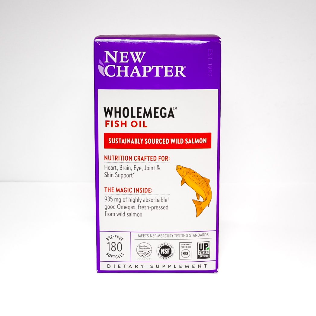 New Chapter Wholemega Fish Oil supplement box with purple and white packaging