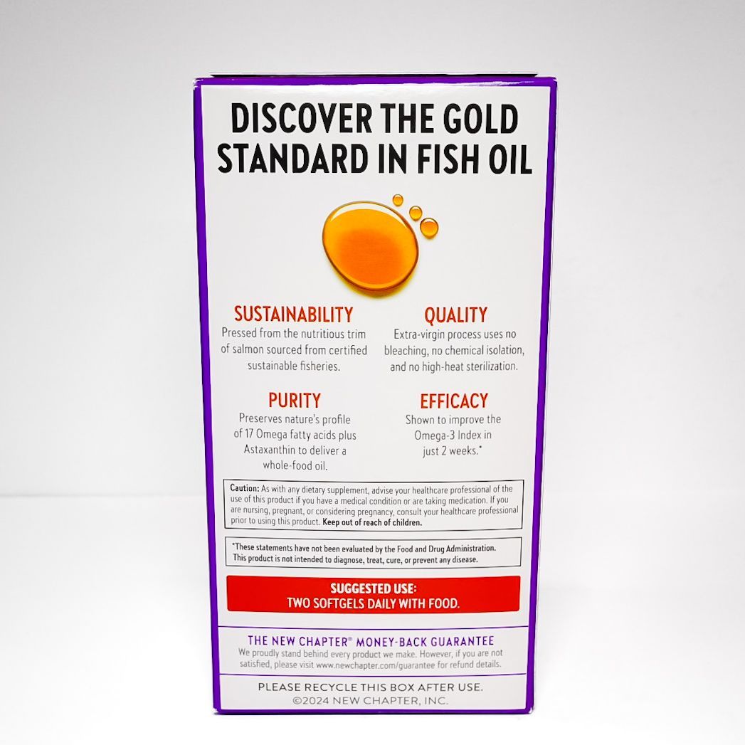 New Chapter Wholemega Fish Oil supplement box with purple and white packaging